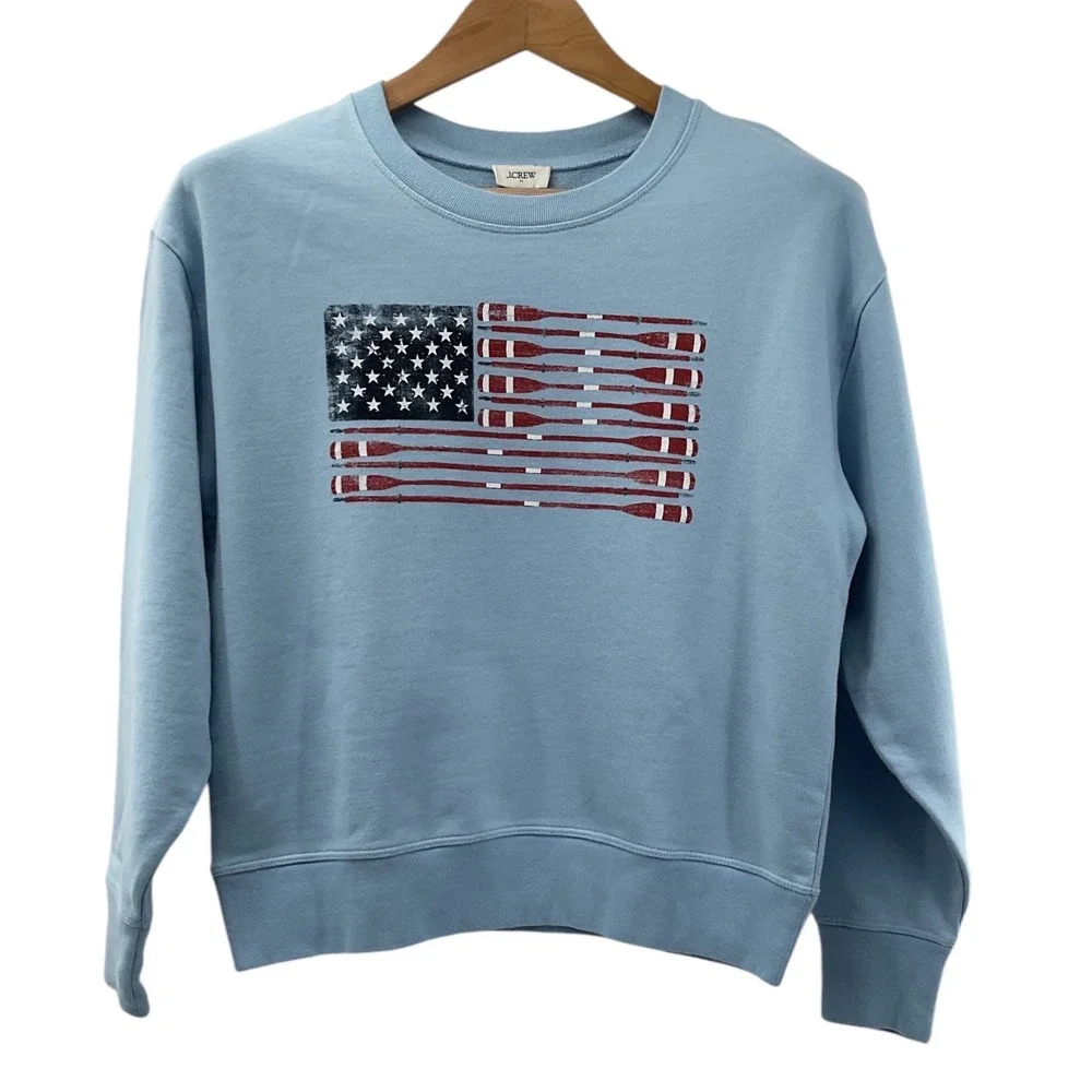 J.Crew oversized Light Blue Oar American Flag Graphic Sweatshirt CJ084 NWT XS